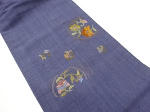 手織り紬汕頭刺繍変わり色紙に花唐草模様名古屋帯